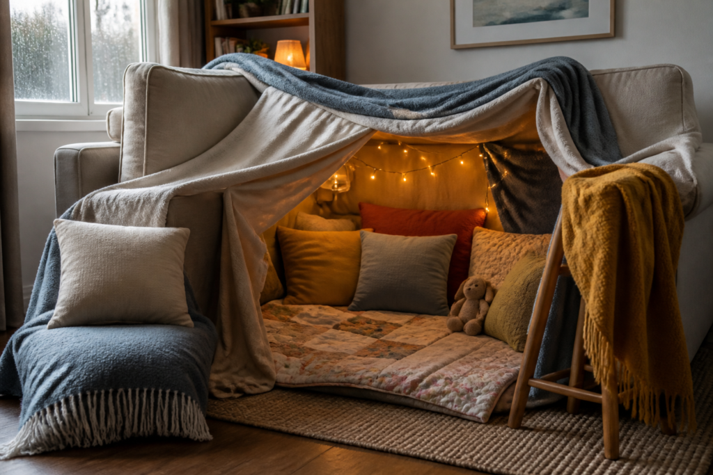 Family activities for a rainy weekend including an indoor fort