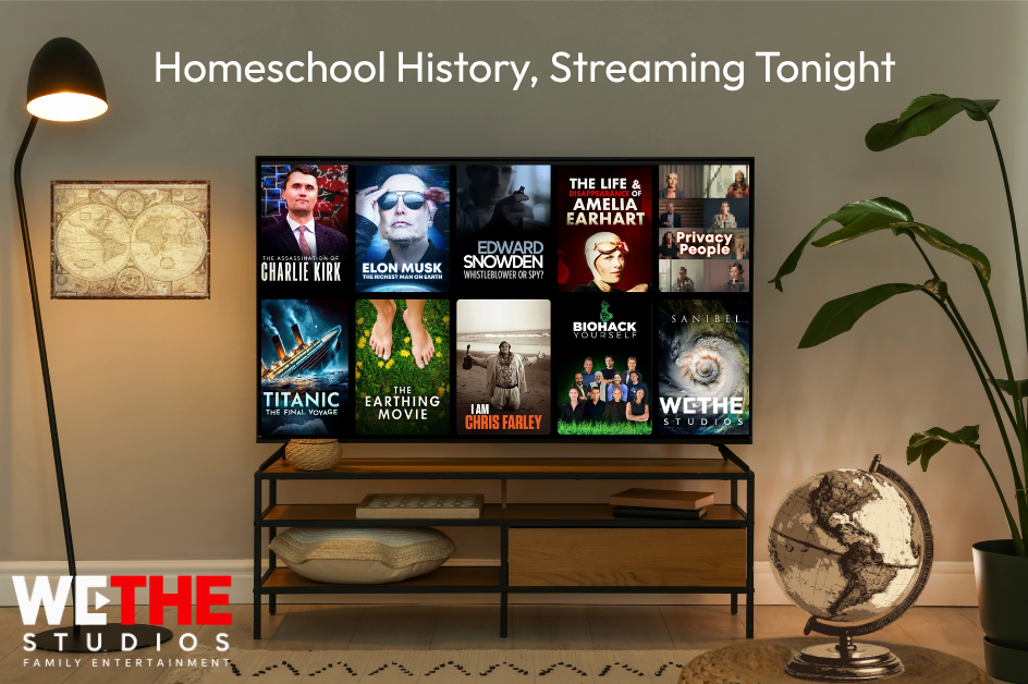 A homeschool family watches a homeschool history documentary on We The Studios with a map and notebook on the table