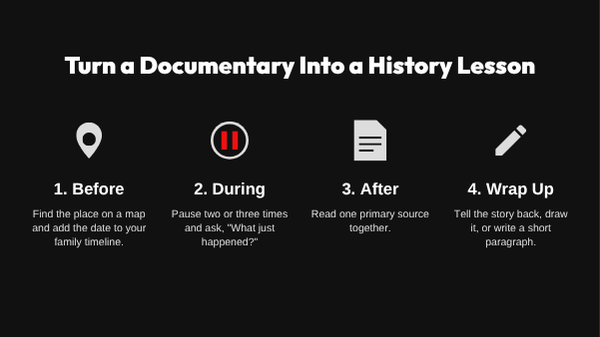 Four steps for turning a documentary into a homeschool history lesson: before, during, after, and wrap up